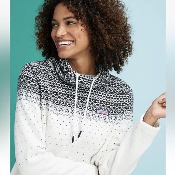 Vineyard Vines Fair Isle Sweater Fleece Funnel Neck Shep Shirt Ivory Size MED - Picture 1 of 11